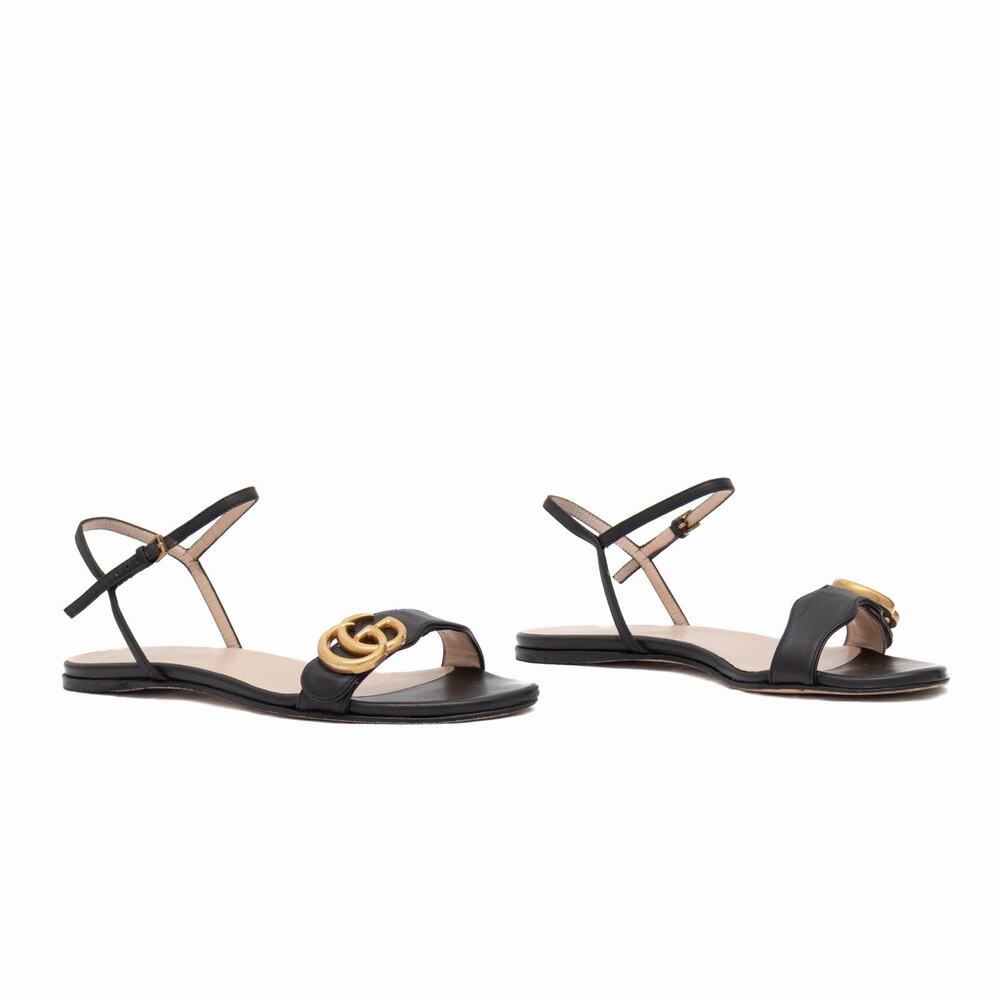 Gucci Black Leather GG Marmont Ankle Strap Flat Sandals Size 35 US 5 - Picture 4 of 16
